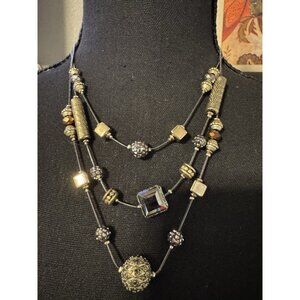 Chicos Bronze Brass Gold Tone Beads 10" Long Layered Statement Necklace NEW